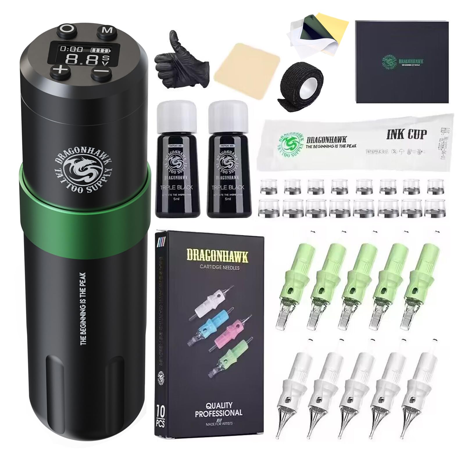 Dragonhawk Tattoo Kit Wireless Tattoo Pen Machine Rotary Gun with 1500mAh Battery 3.5mm Stroke Length 20 Piece Tattoo Needles Ideal for Beginners