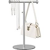 niffgaff T Bar Purse Display Stand Tabletop: Adjustable Height 201 Stainless Steel Handbag Holder, Countertop Hanging Rack for Long Necklace Scarf Lanyard, Silver Brushed Finish