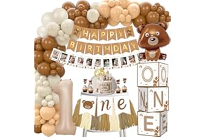 First Birthday Decorations for Boy, Bear Theme Balloons, Caramel Number 1st Foil Balloon, Happy Birthday Banner, Cake Topper,