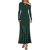 ZESICA Women's Long Sleeve Off Shoulder Bodycon Dresses Fall 2026 Ruched Lace Wedding Guest Cocktail Formal Maxi Dress