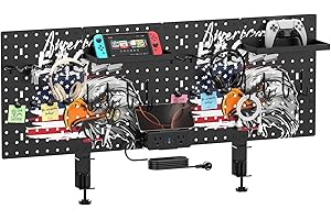 CCCEI Desk Organizer and Storage with Charging Station, Pegboard Deco Clamp on Desk, Gaming Office Supplies Shelf Accessorie, Metal Peg Board Privacy Panels, Gifts for Men, 6FT, Black.