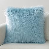Phantoscope Faux Fur Solid Decorative Pillow Cover Fluffy Throw Pillow Mongolian Luxury Fuzzy Pillow Case Cushion Cover for Bedroom and Couch,Light Blue 18 x 18 Inches