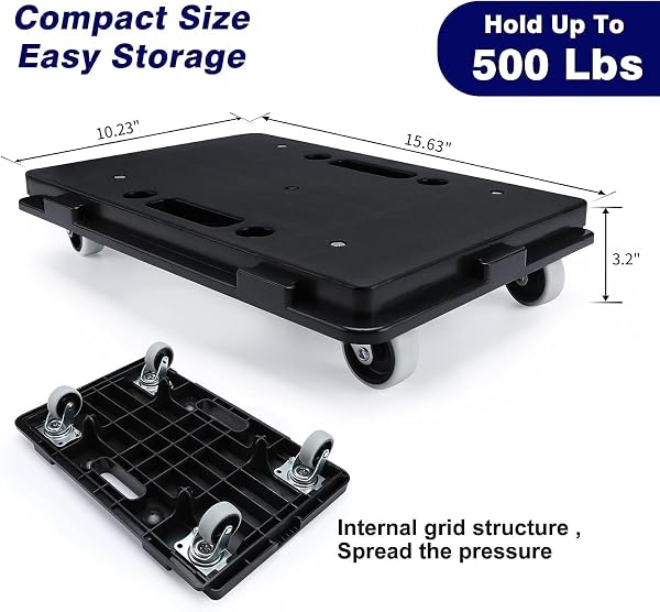 FURNITURE DOLLY, 2 PACK MOVING DOLLY CONNECTABLE, 15.63 X 10.23 INCH, 500 LBS CAPACITY, FURNITURE MOVERS 4 WHEELS HEAVY DUTY, SMALL FLAT DOLLY CART, PORTABLE AND LIGHT DOLLIES