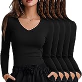 Oakgarden 5 Pack Women's Long Sleeve Under Scrubs V Neck Fitted Undershirts Basic Layering Tops for Nurse