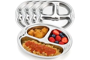 SOUJOY 4 Pack Stainless Steel Divided Plate, 3 Sections Diet Control Dinner Plate, Unbreakable Monkey Shape Compact Food Serv
