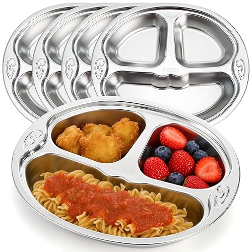 SOUJOY 4 Pack 18/10 Stainless Steel Divided Plate, 3 Sections Portion Control Divided Plate, Unbreakable Monkey Shape Compact Food Serving Tray for Kids, Picky Eaters, Campers, 24×20×5cm