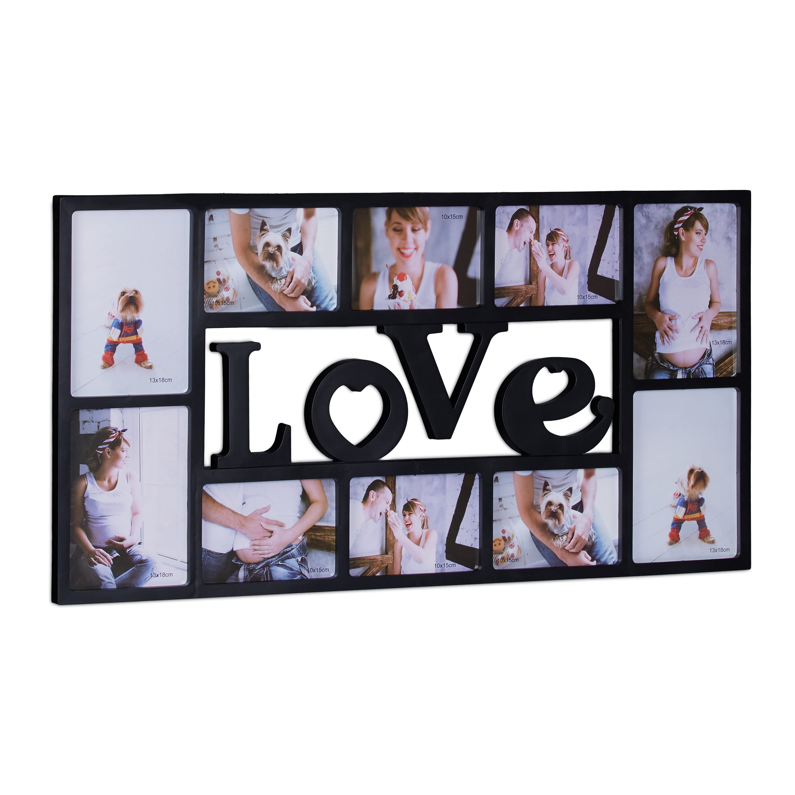 Relaxdays Picture Frame LOVE, Photo Frame for 10 Pictures, Plastic, HxWxD: 36.5 x 72 x 2 cm, Black