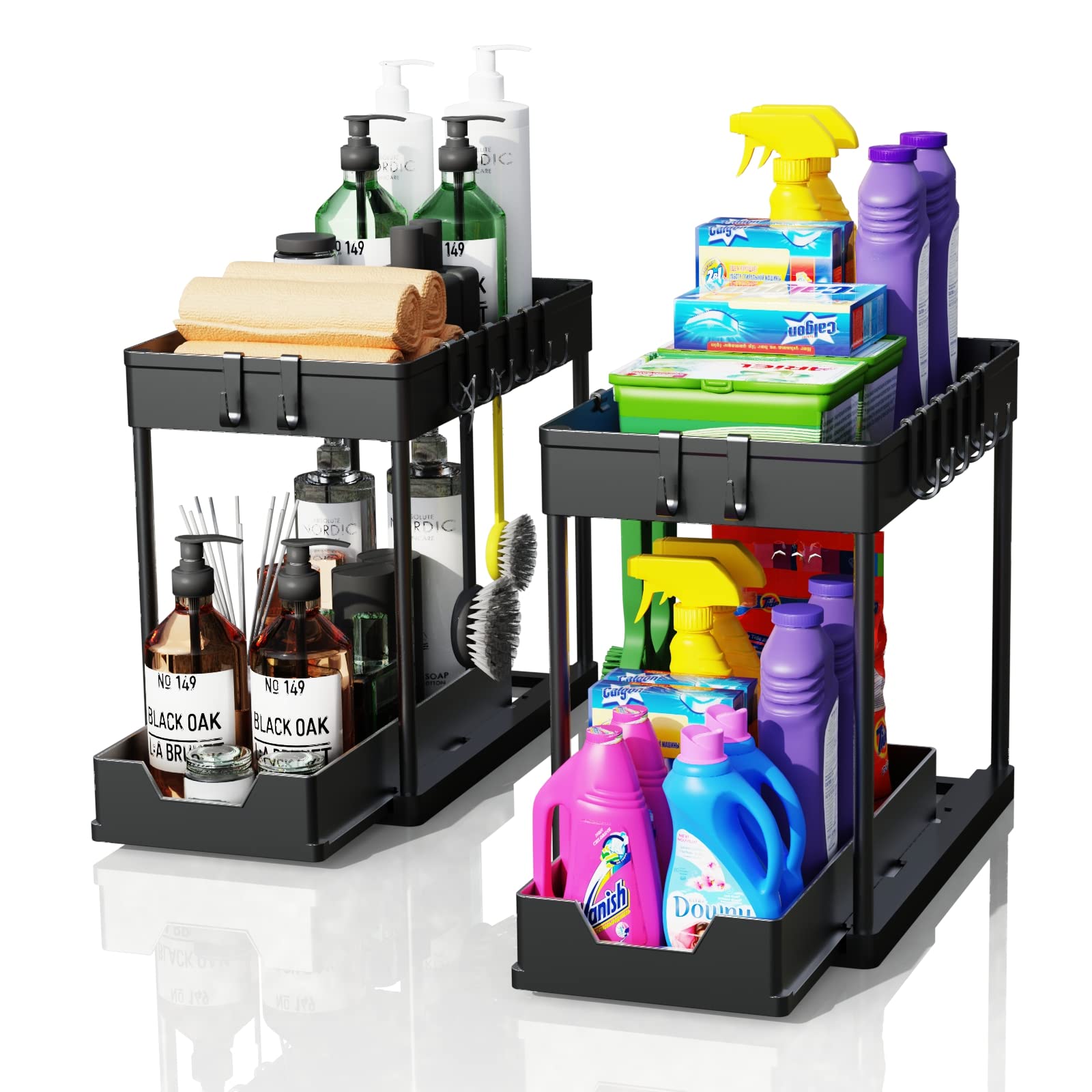 Photo 1 of artzon 2 Pack Under Sink Organizers and Storage, 2-Tier Sliding Cabinet Basket Organizer with Hooks, Multi-Purpose Under Sink Organizers and Storage for Bathroom Kitchen