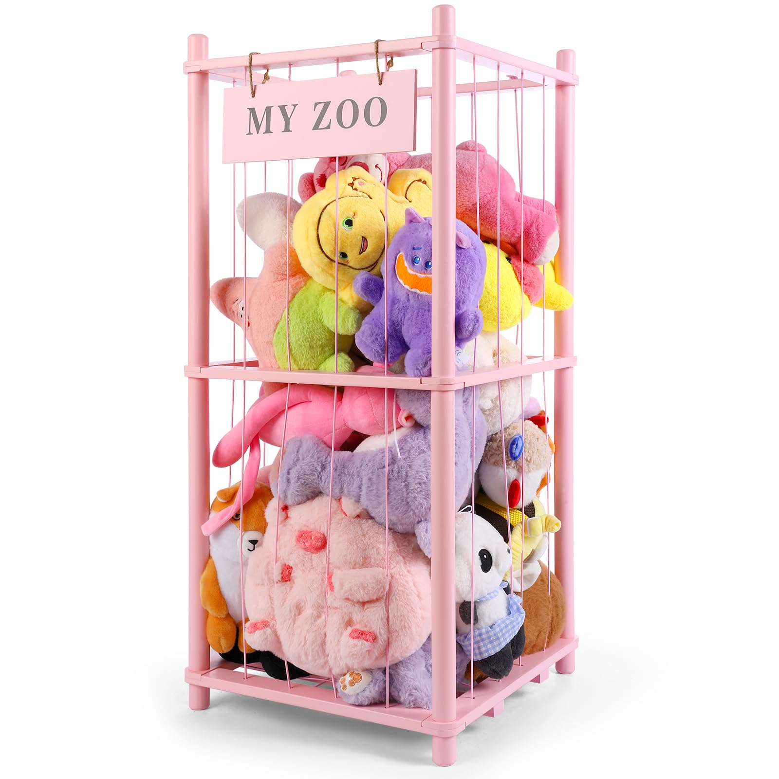 Photo 1 of GLDZI Stuffed Animal Storage Zoo, Wooden Stuffed Animal Organizer with Elastic Cords for Boys Girls, Space Saving Toy Plushies Storage Holder for Playroom, Bedroom, Living Room (Pink, Small)