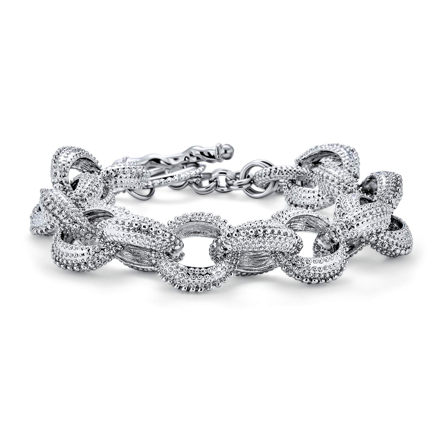 Bling Jewelry Fashion Statement Chunky Texture Large Oval Interlocking Link Chain Matt Silver Plated Bracelet For Women Toggle Clasp Closure