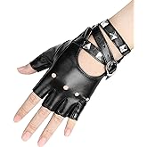 FLORVIV Black Fingerless Gloves PU Faux Leather Goth Cosplay Costume Punk Halloween Performance for Women