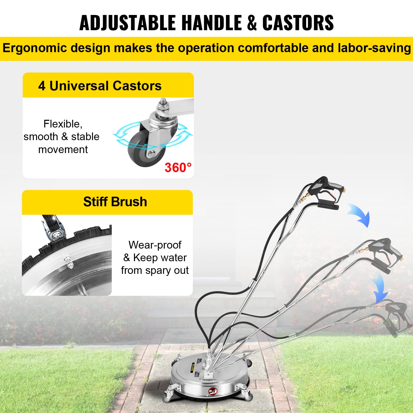 VEVOR Pressure Washer Surface Cleaner, 24'', Max. 4000 PSI Pressure by 2 Nozzles for Cleaning Driveways, Sidewalks, Stainless Steel Frame w/Rotating Dual Handle, Wheels, Fit for 3/8'' Quick Connector