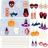 Rifanda 82 PCS Halloween Earring Pendant Resin Molds with Hole, 10 Pairs Halloween Silicone Molds with 40 Earring Hooks Skull Pumpkin Bat Spider Epoxy Resin Jewelry Keychains