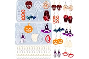 Rifanda 82 PCS Halloween Earring Pendant Resin Molds with Hole, 10 Pairs Halloween Silicone Molds with 40 Earring Hooks Skull Pumpkin Bat Spider Epoxy Resin Jewelry Keychains