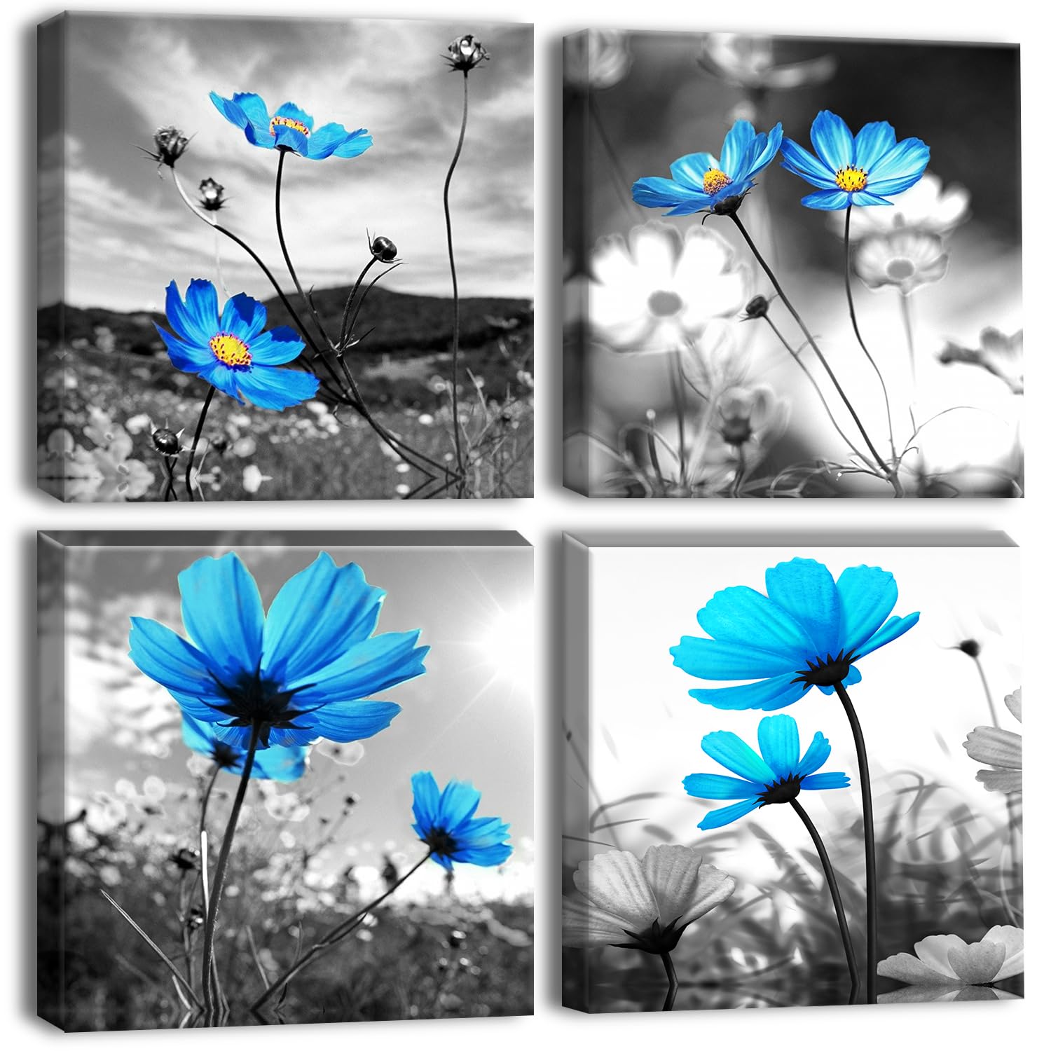 Artscope 4 Pieces Wall Art Canvas Prints - Blue Flowers Picture Painting- Modern Wall Artwork Framed for Bathroom Home Office Decor - 30 x 30 CM