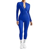 SUUKSESS Women Long Sleeve Ribbed Jumpsuit Zip up Front Workout Bodycon Romper