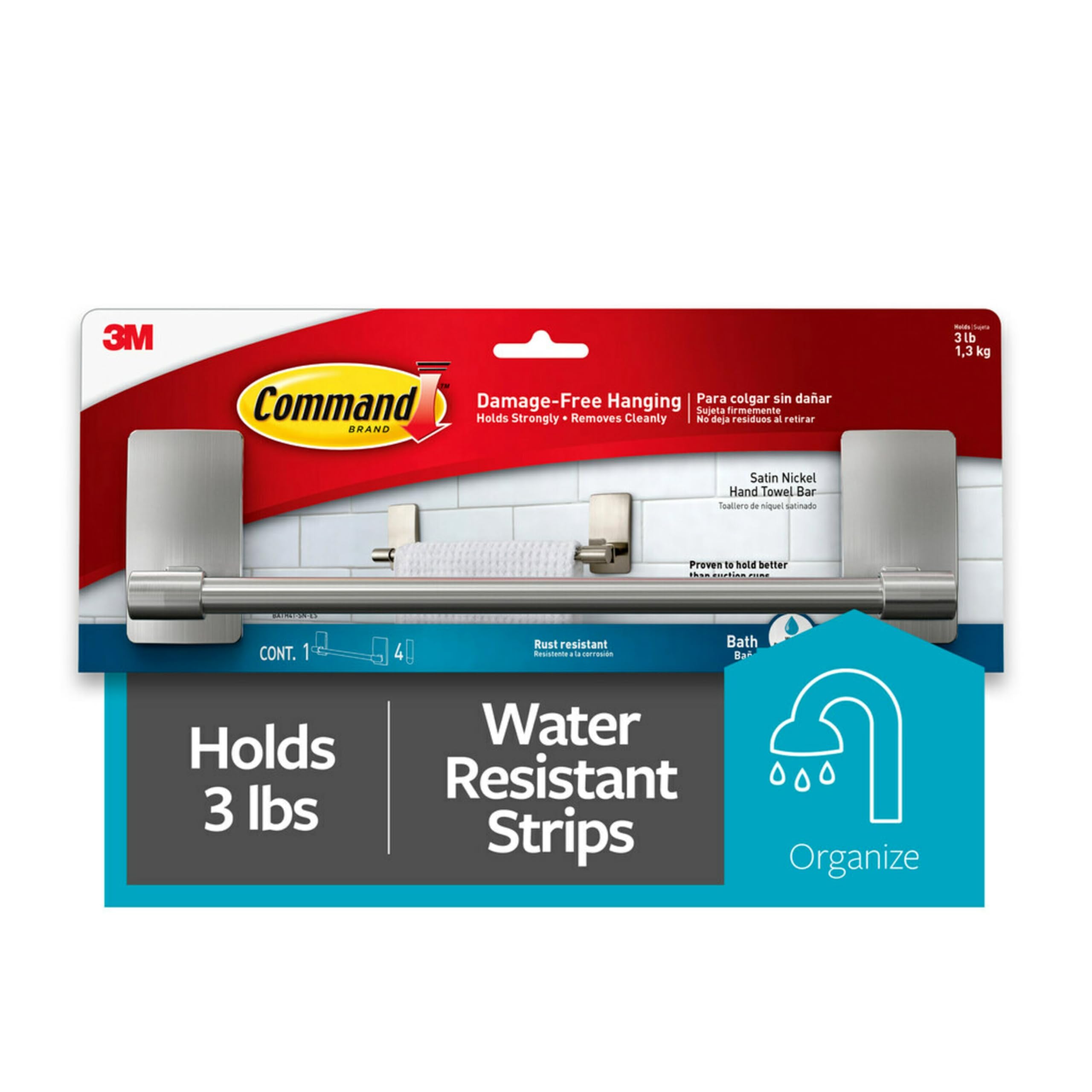 Photo 1 of **MISSING GLUE TABS TO HOLD IT UP**
Command Hand Towel Bar Satin Nickel with 4 Water Resistant Command Strips, 9" Hand Towel Holder, Holds up to 3 lb, Great for Bathroom Décor on the Wall, Inside the Cabinet, or in the Shower