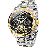 OUPINKE Mens Watches Skeleton Automatic Mechanical Premium with Calendar Sapphire Crystal Tungsten Steel Waterproof Wrist Watch