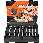 KENDO Forstner Bit Set, 8-Piece Alloy Steel for Woodworking | Round Shank Forstner Drill Bits for Hardwood, Softwood, Plastic, Plywood with Case, 1/4" to 1-3/8"