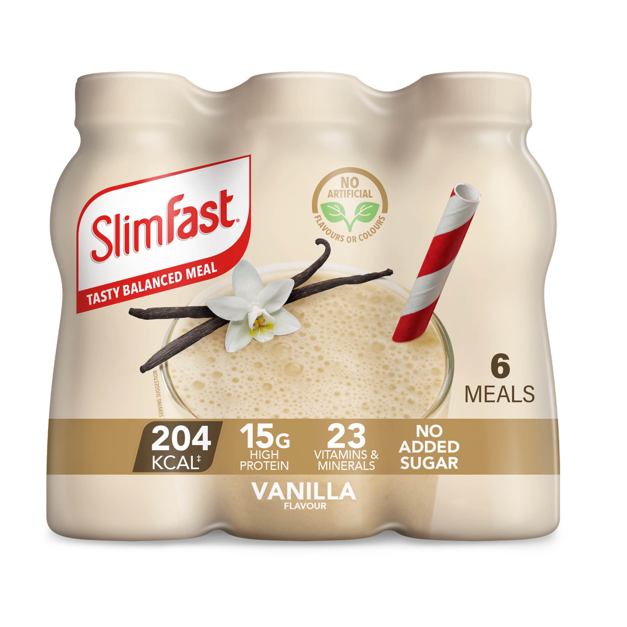 SlimFast Ready To Drink Shake, Tasty, Balanced Shake with Vitamins and Minerals, No Sugar, Vanilla Flavour, 6 x 325 ml Multipack