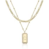 TONTMY STUDIOS Gold Initial Necklace for Women 14K Gold Plated Figaro Chain Choker Layered Necklaces Set Bar Rectangle Pendant Necklaces Simple Dainty Letter Necklace Everyday Gold Jewelry