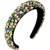 HSWE Padded Rhinestone Headband Bejewelled Crystal Velvet Wide hairband Party Headwear Hair Accessories for Women Girls (Purple green yellow rhinestone)