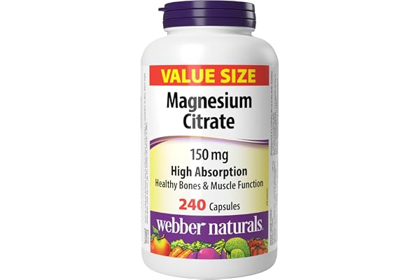 Webber Naturals Magnesium Citrate 150 mg, 240 Capsules, High Absorption Mineral, Supports Bone and Muscle Functions