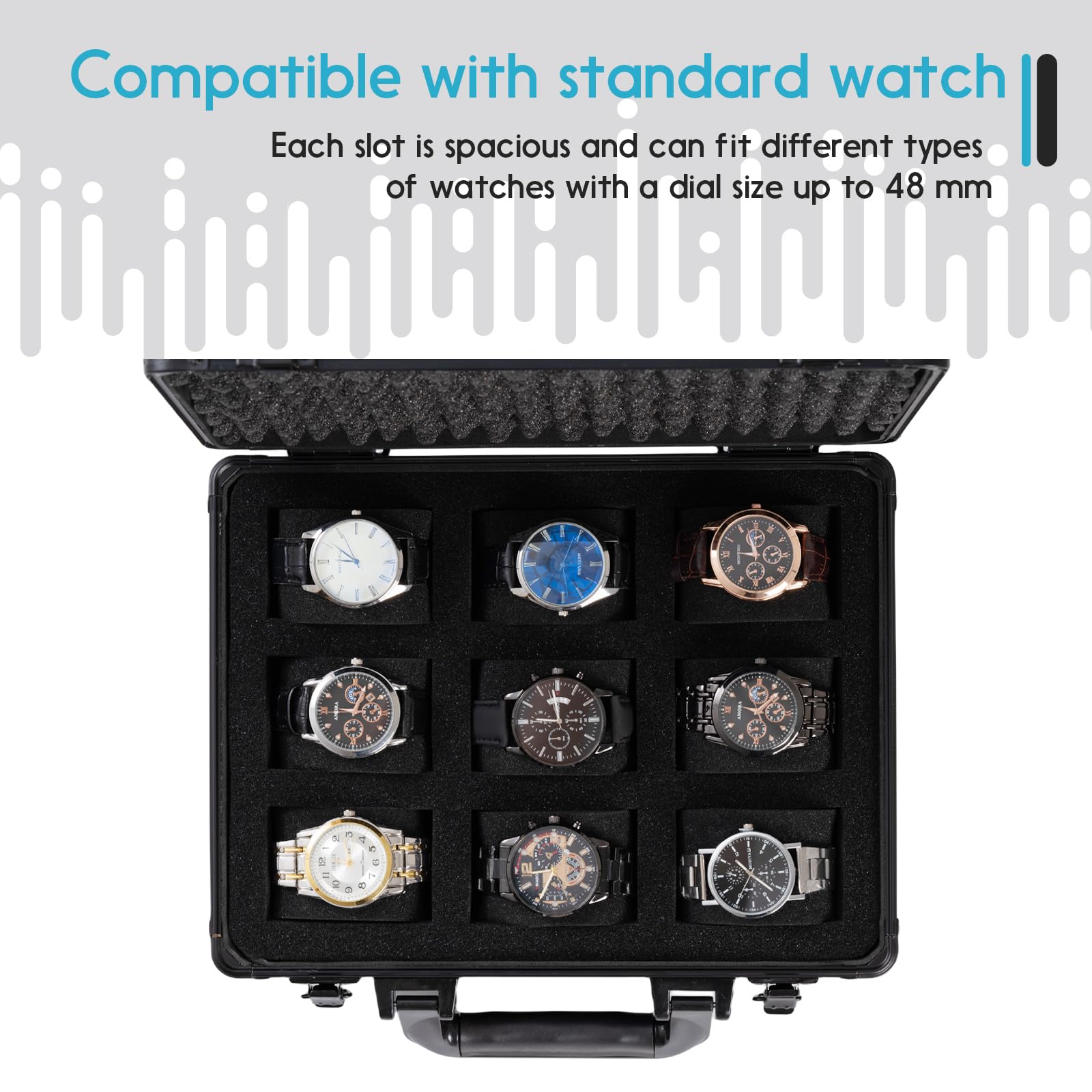 Comlly Metal Watch Box, 9-Slot Watch Case, Removable Watch Pillows, Watch Box Organizer, Gift for Loved Ones, Black aluminum，Christmas Gifts