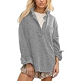 Locachy Women's Casual Oversized Polo Neck Sweatshirt Lapel Long Sleeve Button Pullover Tops Fashion Outfits Clothes Dark Mixed Grey M