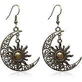Fuvirou Boho Moon and Sun Dangle Drop Earring for Women Girls Vintage Gothic Smiling Moon Sun Asymmetrical Earrings Statement Jewelry Gift