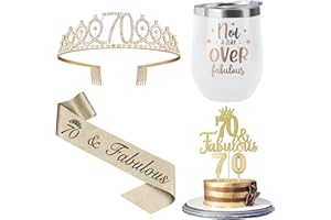JUESLY 70th Birthday Decorations Gifts for Women Including 12oz Wine Tumbler Coffee Mug, Crown and Sash, Candles & Cake Topper, 70th Birthday Gifts Idea Gold White
