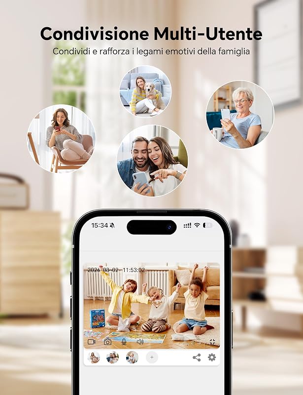 Telecamera Wi-Fi Interno 2K, Telecamera per Cani con Rilevamento Movimento e Visione Notturna, Baby Monitor con Audio Bidirezionale, Compatibile con Alexa/Google, Senza Canone Mensile