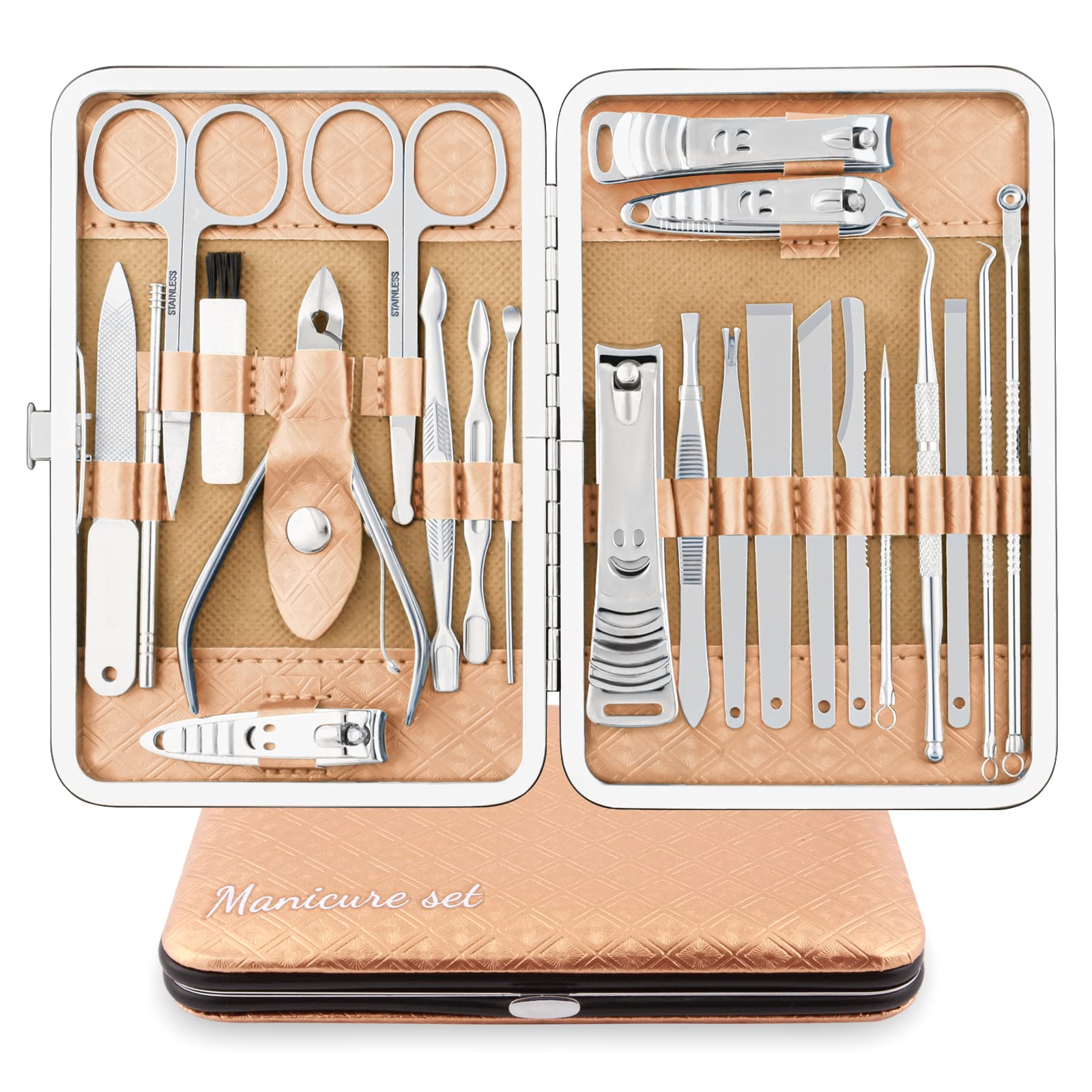 Manicure Set Professional Nail Clippers Kit Pedicure Care Tools 23pcs Stainless Steel Grooming Tools with Black PU Leather Case for Travel or Home (Gold/Silver)