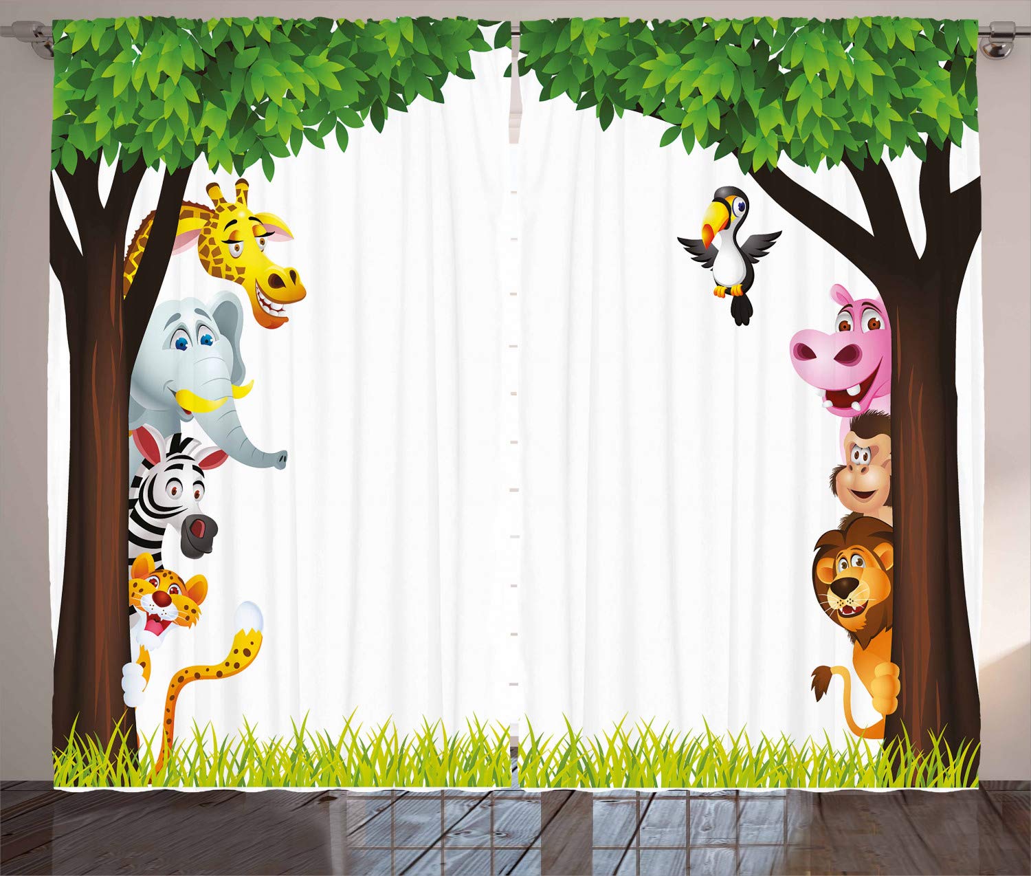 ABAKUHAUS Nursery Curtains, Big Trees and Friendly Jungle Safari Animals Wilderness Tropical Wildlife, Living Room Bedroom Window Drapes 2 Panel Set, 280 x 225 cm, Green Brown — image 1