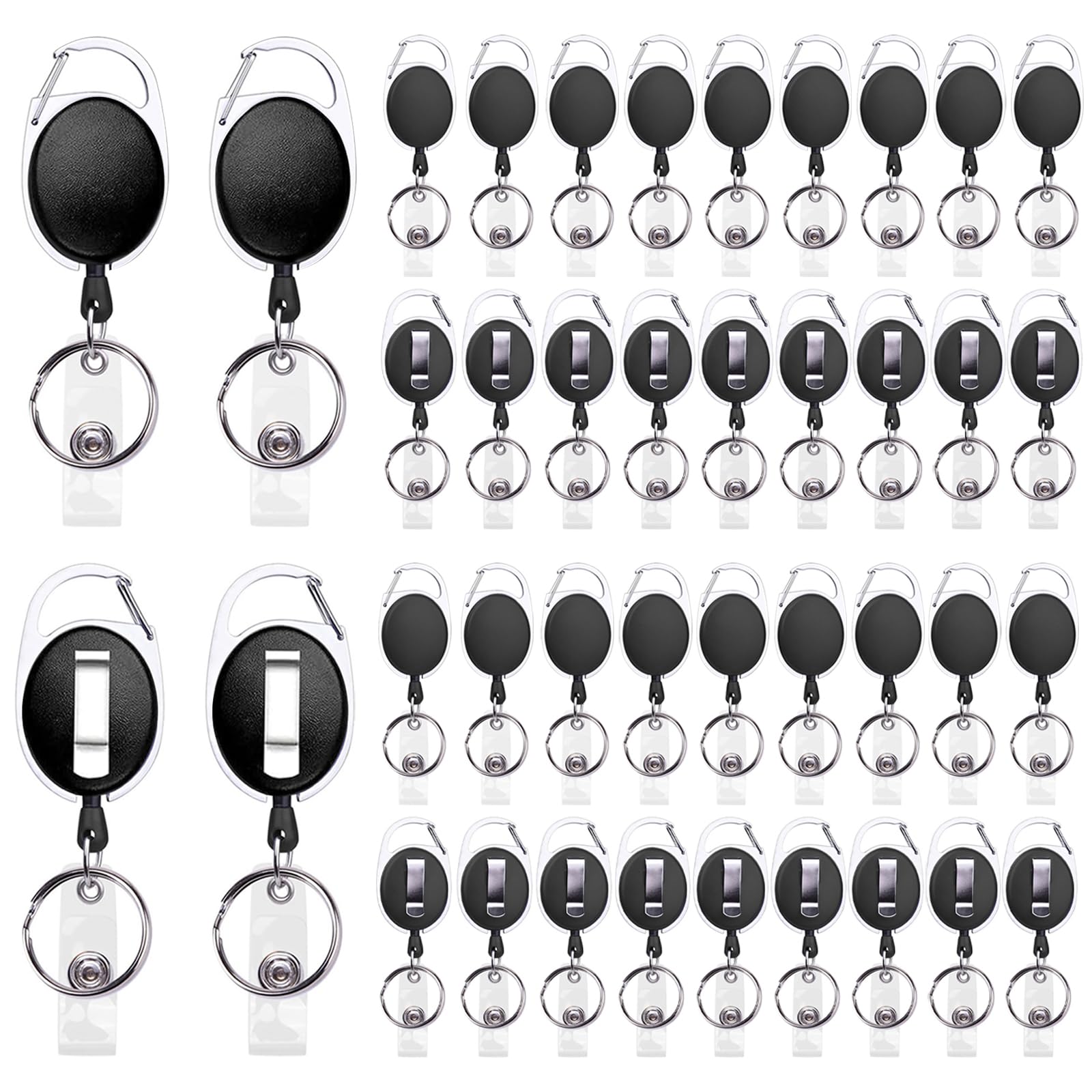 40 Pack Retractable Badge Holder with Steel Cord, Heavy Duty ID Badge Reel with Carabiner Belt Clip & Key Ring, 65cm Extension Work Badge Holder for Office Staff, Teachers, Nurses