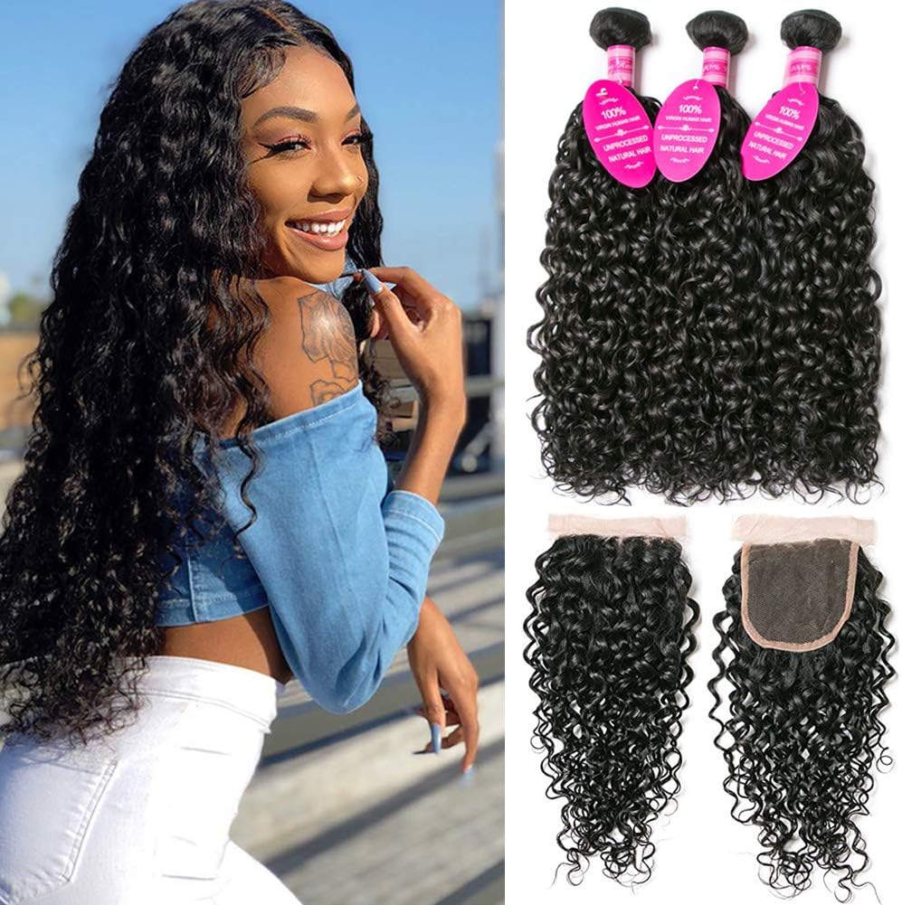 Younsolo Water Wave 3 Bundles with Closure (18 20 22+16) Unprocessed Wet and Wavy Brazilian Virgin Human Hair Soft Water Wave Curly Hair Bundles with Closure 4x4 Free Part with Baby Hair Natural Color