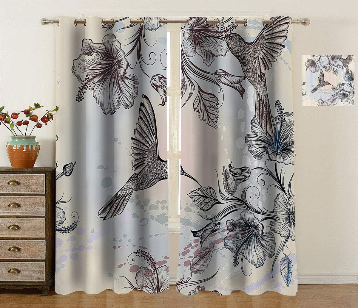 Hummingbirds Decor Cloth Curtains, Birds and Hibiscus Flowers Nostalgia