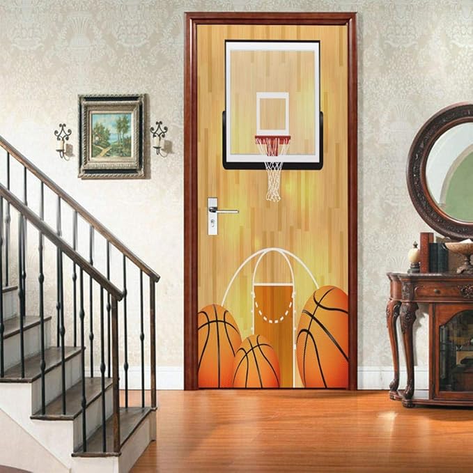 ZZDGFC 3D Türtapete selbstklebend TürPoster Cartoon-Basketballplatz
