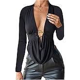 SOLY HUX Women's Deep V Neck T Shirt Long Sleeve Metal Decor Draped Front Ruched Asymmetrical Tops