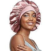22 Momme 100% Real Mulberry Silk Bonnet for Sleeping Women, Large Hair Care Bonnet for Long Curly Hair, Double Layer Silk Wrap with Soft Elastic Band, Non-Slip Sleep Cap, Pink