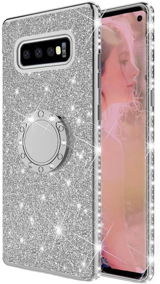 Compatible with Samsung Galaxy S10e Case Bling Case, ANERNAI Glitter Cute Girls Women Diamond Rhinestone Bumper Ring Kickstand Protective Durable TPU Cover (Silver)…