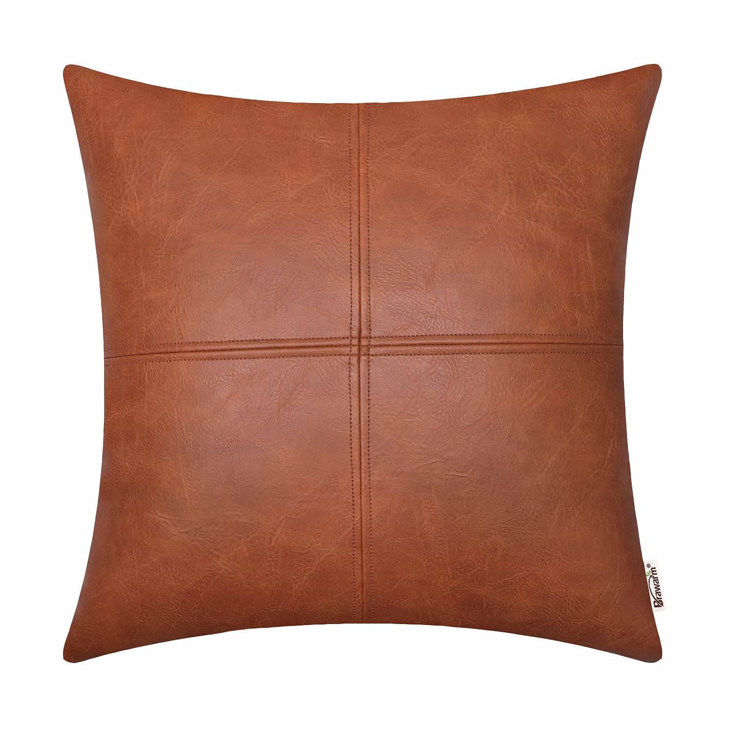 BRAWARM Decorative Throw Pillow Covers, Faux Leather Throw Pillow Covers, Hand Stitched Faux Leather Couch Cases for Living Room Garden Bed, Cognac, 45cm x 45cm