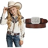 WOWOGO Kids Western Belt for Boys Girls Genuine Leather Cowgirl Cowboy Belt Floral Engraved Tooled Belt with Embossed Buckle