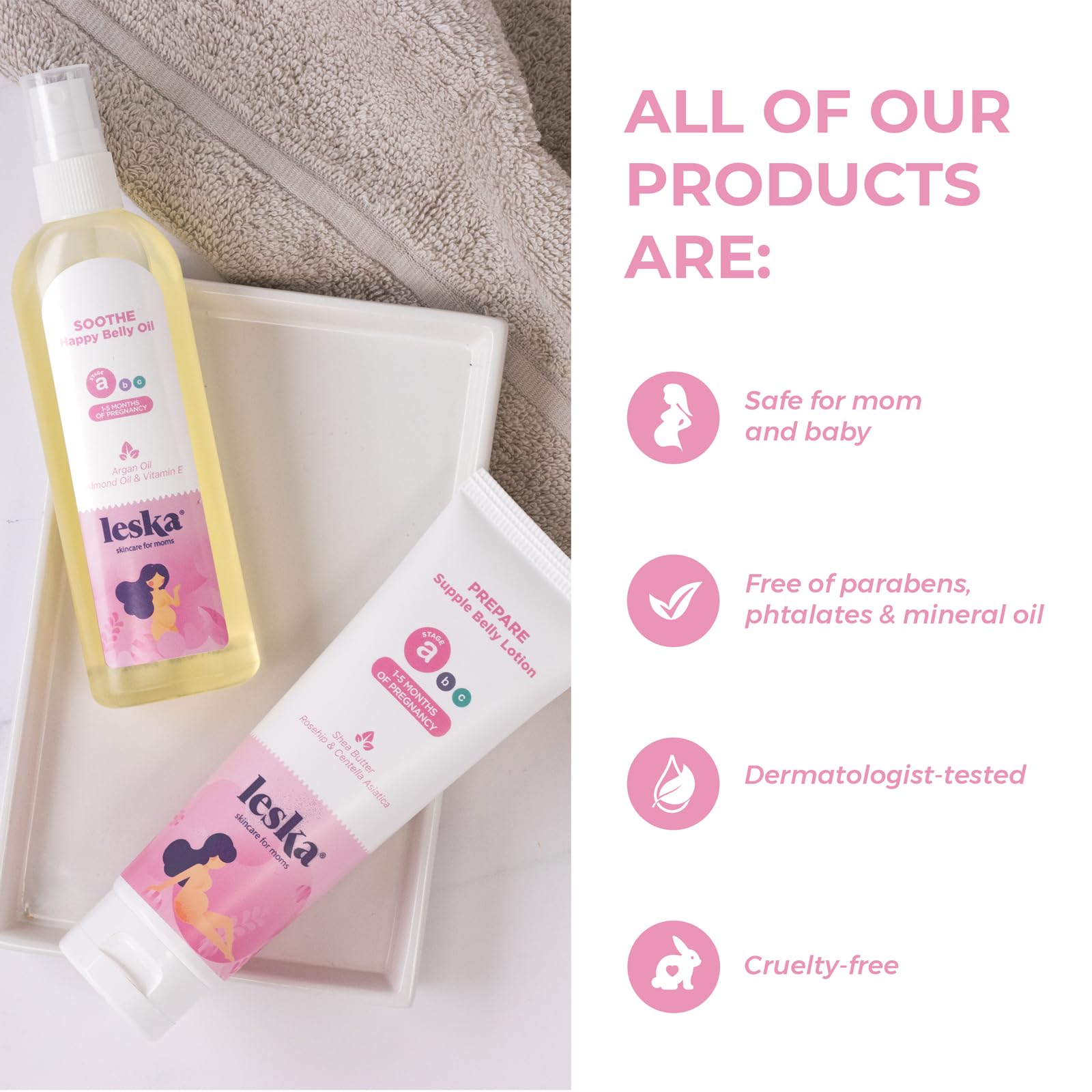 LESKA Maternity Hydrating Lotion | STAGE A: PREPARE Supple Belly Lotion (Pregnancy Months 1-5) | Part of a Complete 3 Stage Pregnancy Skin Care System | New Mom Gifts (4oz)