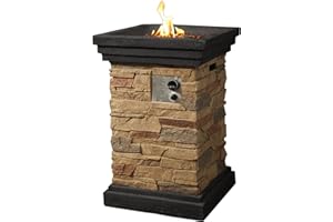 Teamson Home 40,000 BTU Square Slate Rock Look Steel Outdoor Fire Pit Pillar Outside Propane Gas Firepit with 6.6 Pounds Lava Rocks and PVC Cover for Patio Garden Backyard, 20 Inch, Brown