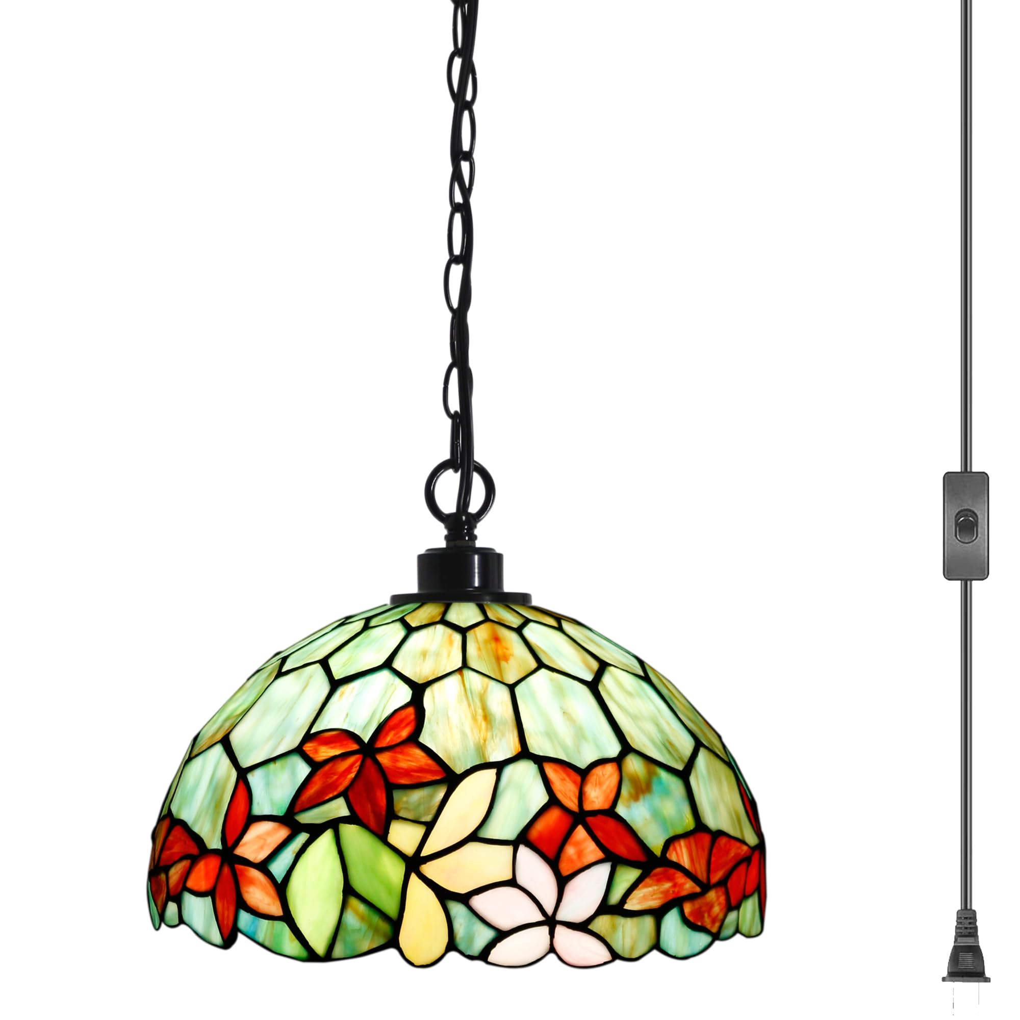Photo 1 of ZJART Tiffany Pendant Light Plug in Stained Glass Swag Lamp 12X12X181 Inch Hanging Lamp (Red Green Flowers for Dining Room Living Room