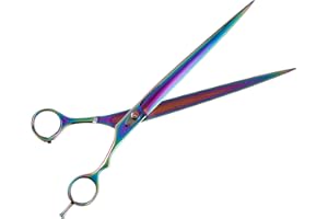 TAMSCO Genuine Japanese Stainless Steel Scissors 10.5-Inch Curved Blade Plasma Coated, Semi-Convex Edge Japanese Stainless Steel Plasma Rainbow Finish Curved Blade Adjustable Tension Screw