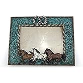 Comfy Hour Western Retro Collection Running Horses Photo Frame with Horseshoe Design, Blue Resin, 20.7cm Length, 2.2cm Width, 16.2cm Height
