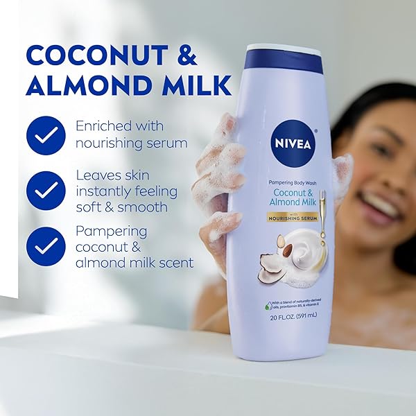NIVEA PAMPERING COCONUT AND ALMOND MILK BODY WASH WITH NOURISHING SERUM, MOISTURIZING BODY WASH FOR WOMEN, ENRICHED WITH PROVITAMIN B5 AND VITAMIN E, 20 FL OZ BOTTLE