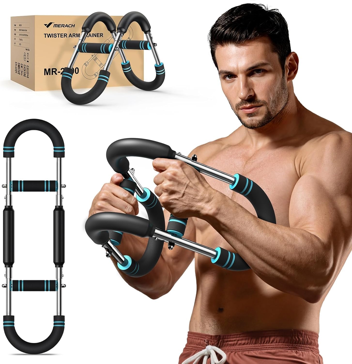 MERACH Twister Armtrainer, 27-50 kg Verstellbares Brusttrainingsgerät, Abnehmbarer Armtrainer für Krafttraining, Tragbares Arm-Trainingsgerät, Übungen für Arme, Brust, Schultern und Rücken, Schwarz